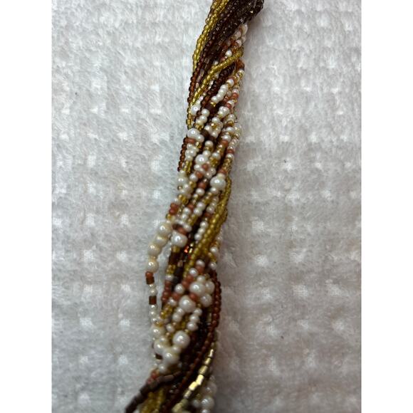 Vintage Honey Beaded Necklace Multi Strand Glass Braided Brown Cream Gold - Picture 3 of 7